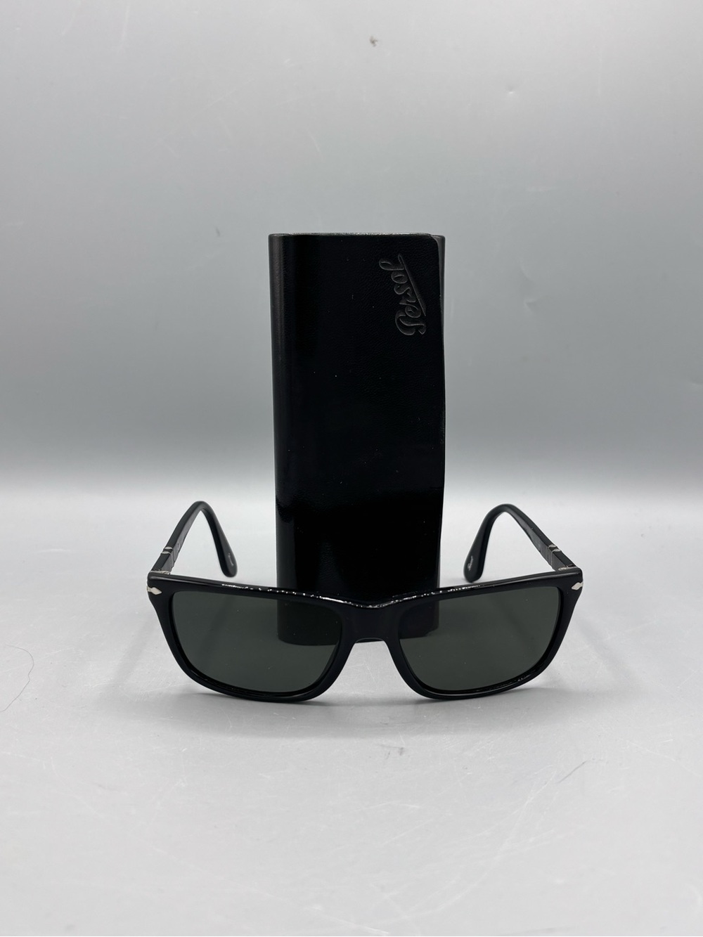 Persol Black Rectangular Sunglasses with Dark Green Lenses and Case